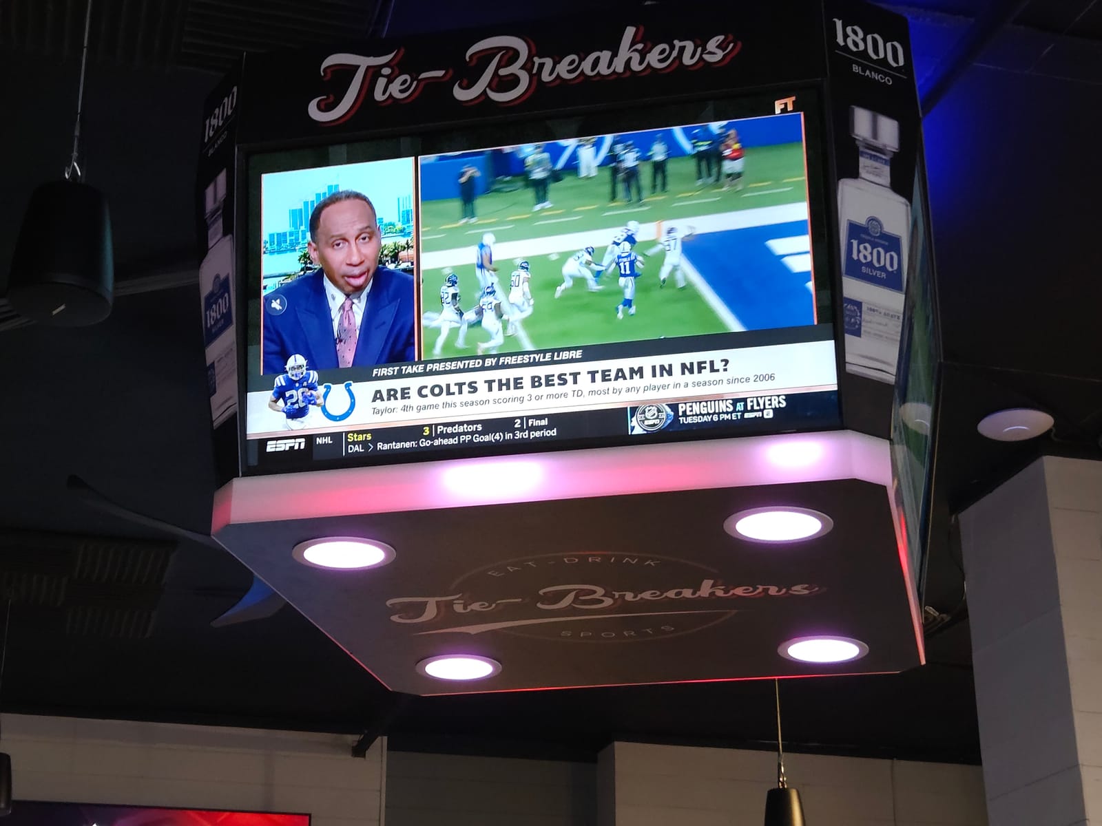 Large LED video wall installed at Tie Breakers as the primary game-day display