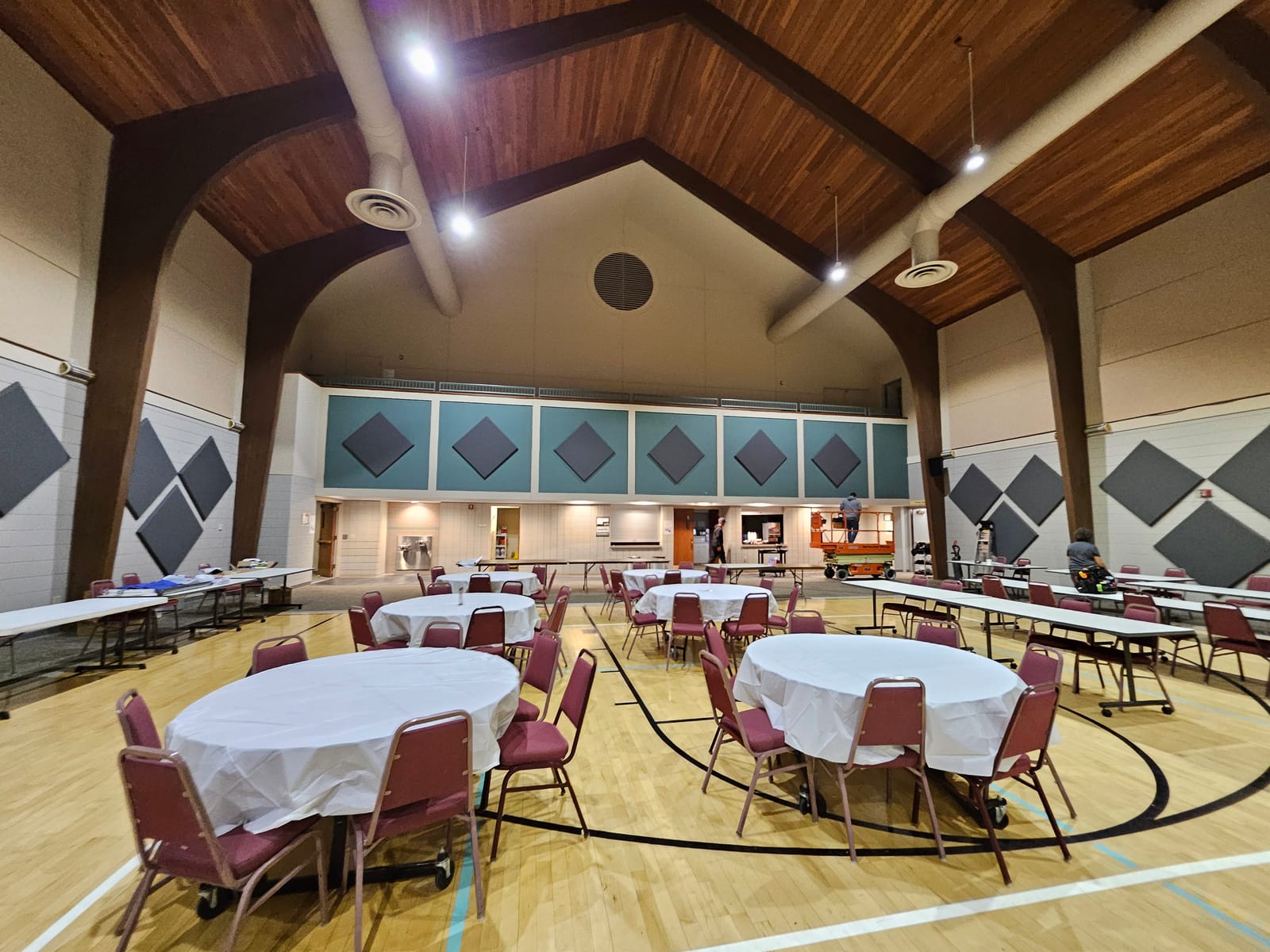 Multi-purpose worship gymnasium showing acoustic and AV treatment, additional angle